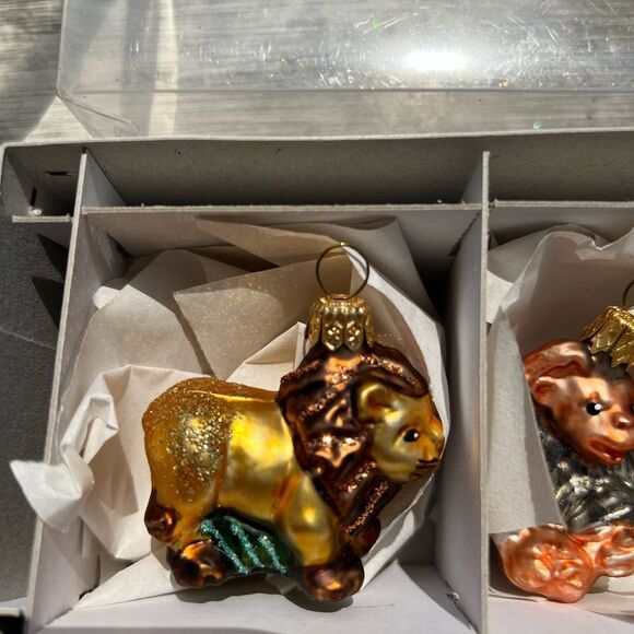 Four vintage handblown glass jungle animals Christmas ornament set, Poland, box - Picture 5 of 8